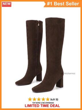 Square Toe Knee High Boots Chunky Heeled Faux Leather Women's